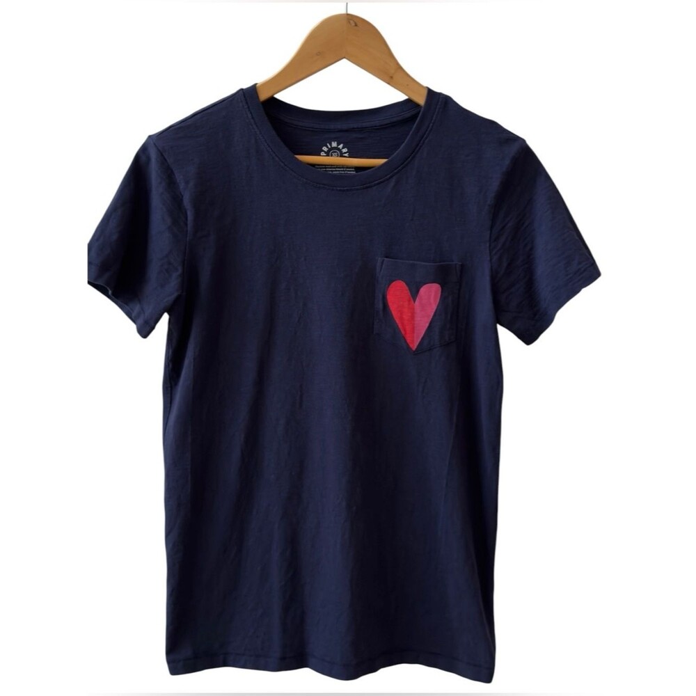 Primary Short Sleeve Navy Blue Heart Cotton Graphic Pocket Tee T-Shirt. XS.